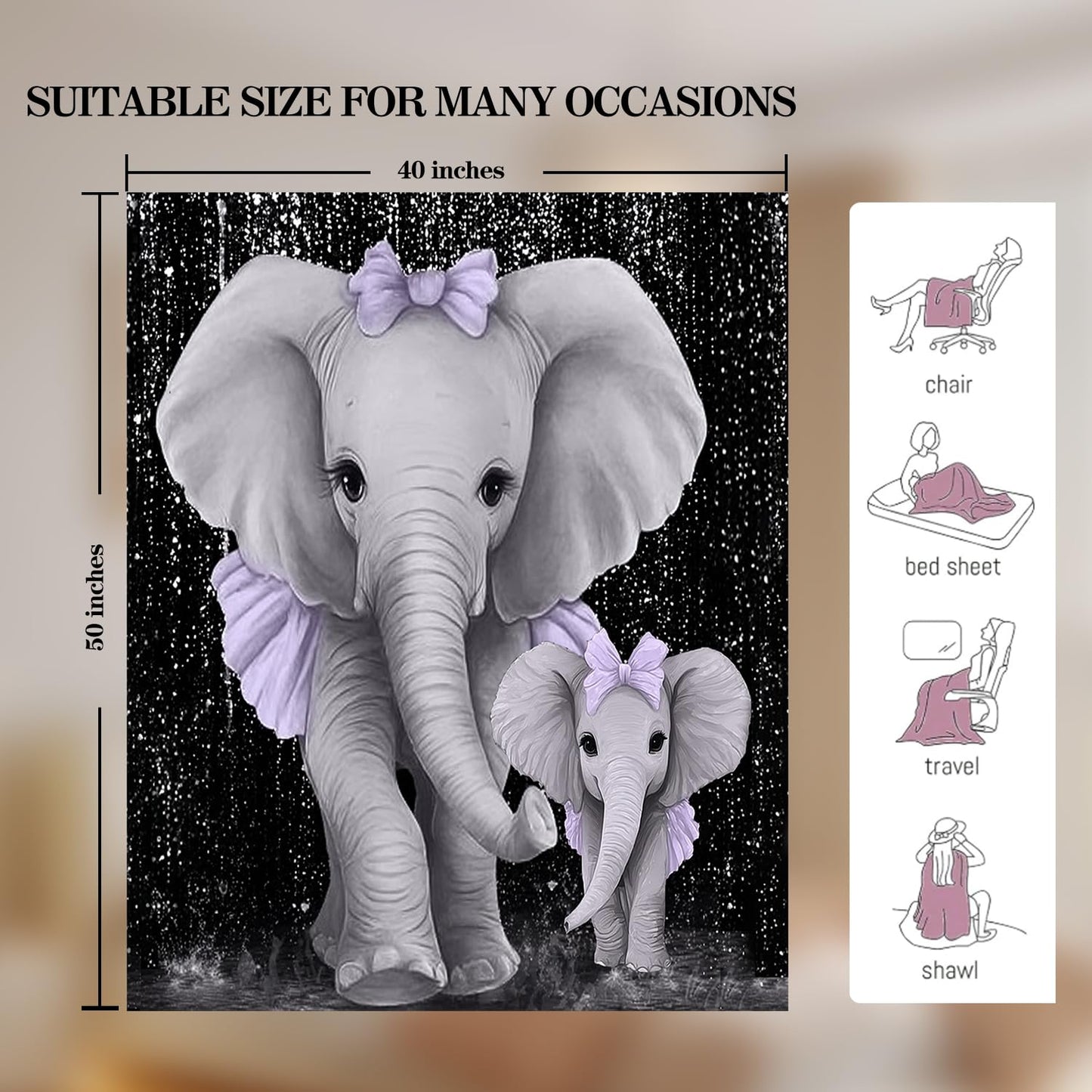 Elephant Blanket Elephant Fleece Throw Blanket Super Soft Fuzzy Plush Cozy Warm Elephants Decor Stuffed Bedding Blankets Gift for Boys Girls Men Women Kids & Adult 50"x40"