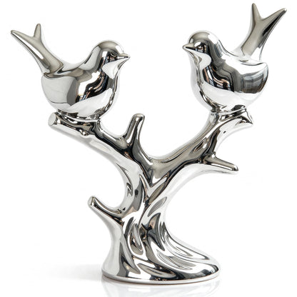 Jubiluxor Silver Ceramic Bird Statue, Mirror Chrome Finish, Two Lovebirds on Branch, 7-Inch Mantel & Bookshelf Decor, Modern Home Sculpture, Housewarming Wedding