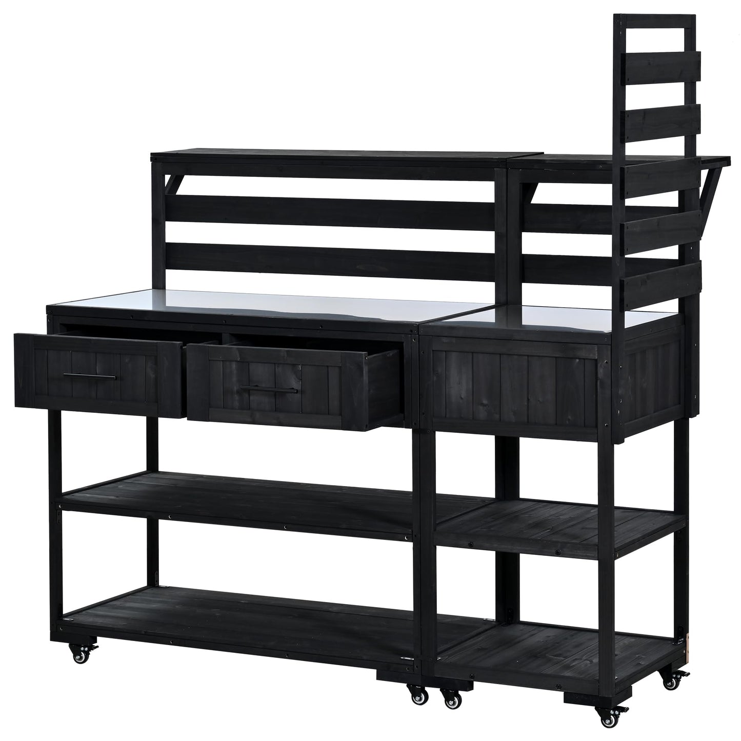 Merax 62.3'' Outdoor Mobile Kitchen Island on Wheels with Stainless Table Top, Outdoor Prep Cart Grill Table with Raised Shelf and Drawers for BBQ, Party, Black