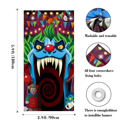 Halloween Circus Door Decorations Evil Clown Banner,Creepy Carnival Banner,Bloody Horror Tent Haunted House Kids Party Door Decorations.