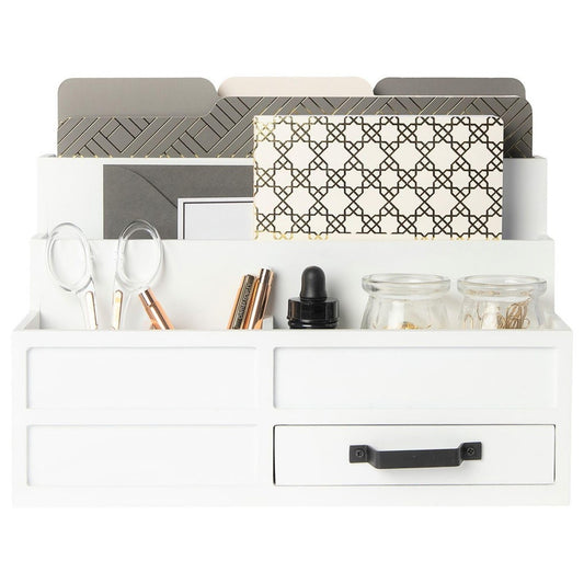 BLU MONACO White Desktop Organizer with Drawer – Paper Wood Bill & Mail Organizer for Office Desk, Countertop & Workspace Storage