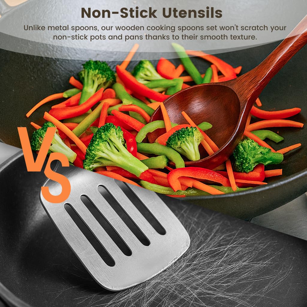 HANSGO Wooden Ladle for Soup, 3 Size Wooden Spoons for Deep Pot & Bowl, Heat Resistant Handles, Non-Stick Wood Kitchen Utensils Set for Cooking, Serving and Stirring Thick Stews, House Warming Gifts