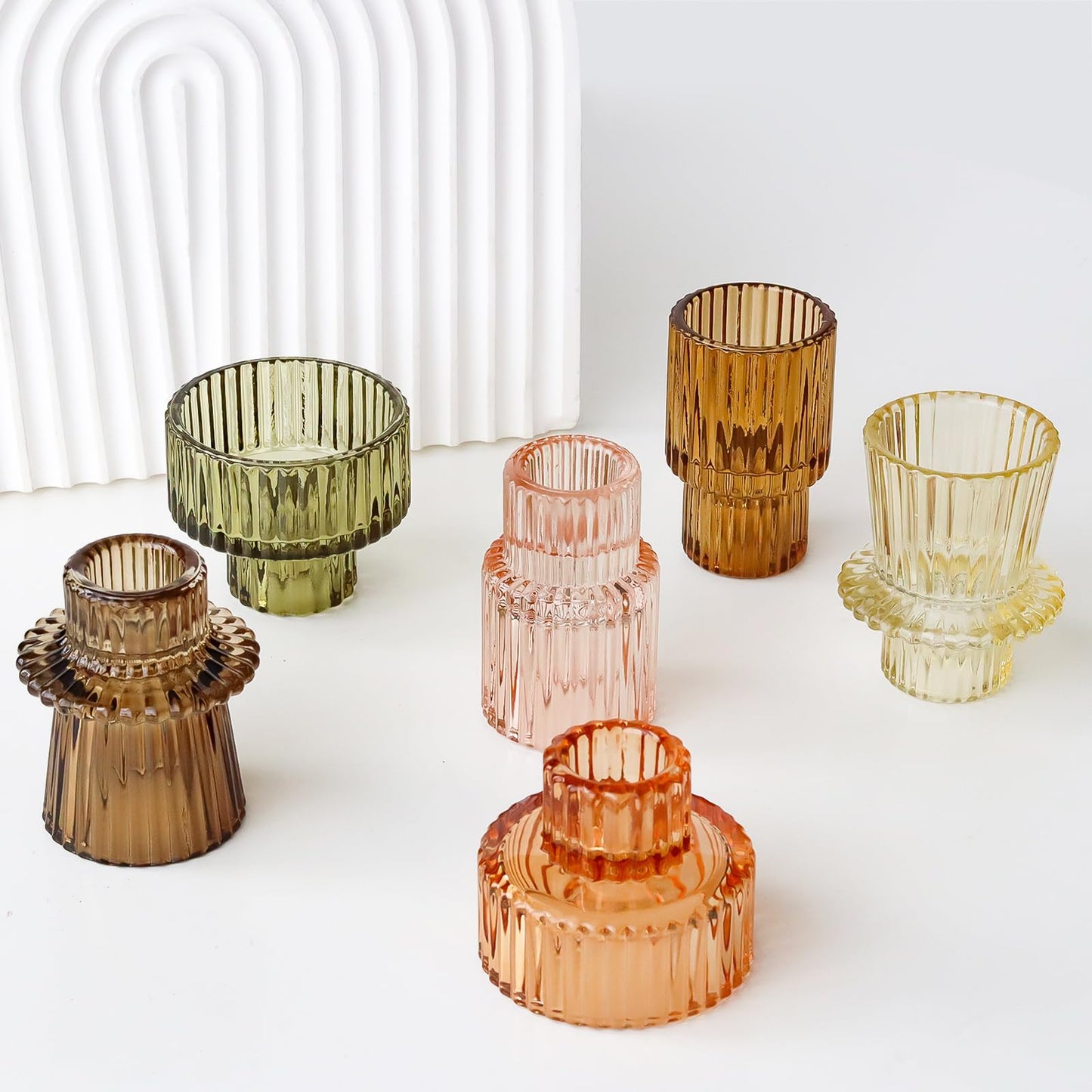 SYFURNIX Brown Candlestick Holders 12PCS Ribbed Glass Taper Candle Holders Set for Tealight Candlestick Candles, Table Centerpieces for Thanksgiving Christmas Farmhouse Decor Indoor and Outdoor