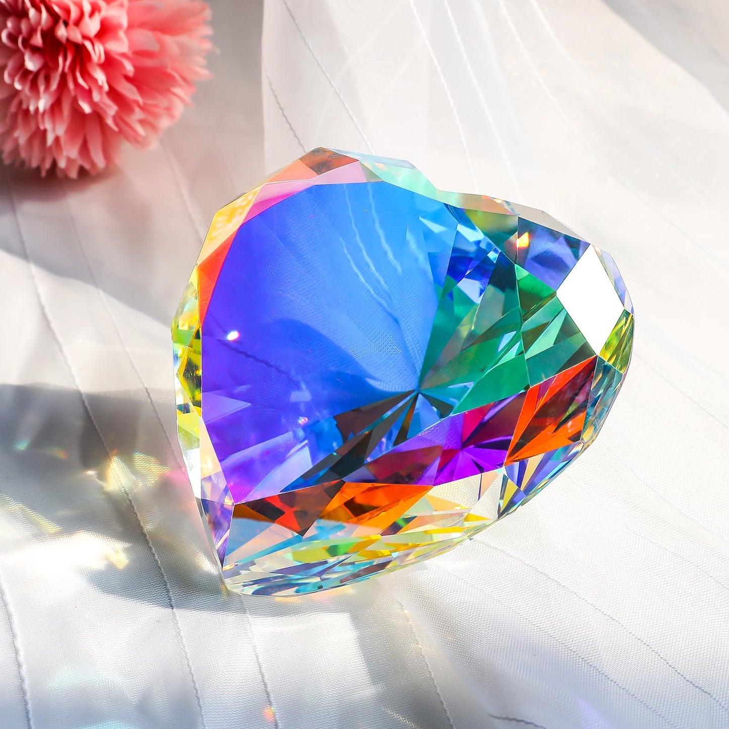 SWTHONY 90mm Crystal Diamond Paperweight Heart Shaped Glass Gems Big Fake Diamonds Paper Weights for Women Desk Wedding Centerpiece AB-Coated