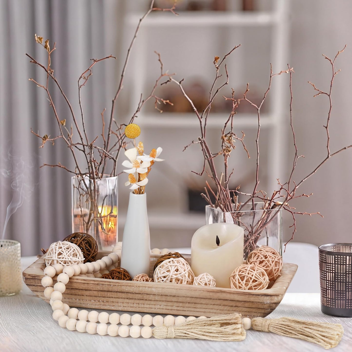 Teenyyou 17 Pcs Wooden Centerpiece Table Decorations Wood Dough Bowl Wicker Rattan Balls Beads String with Tassel Natural Decorative Tray Rustic Bowl Filler for Dining Room Kitchen(White)