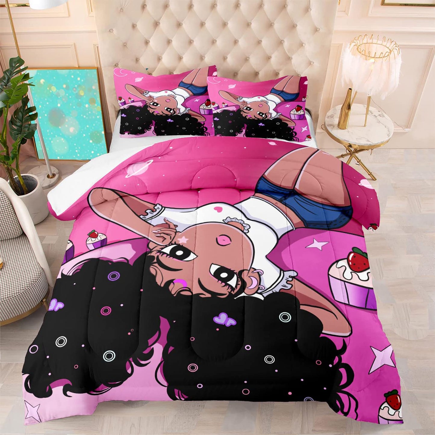 FJKJHKGJ African American Comforter Sets for Girls, Black Girls Kids Comforter Sets 2 Piece Pink Twin Size Bedding with 1 Pillowcase
