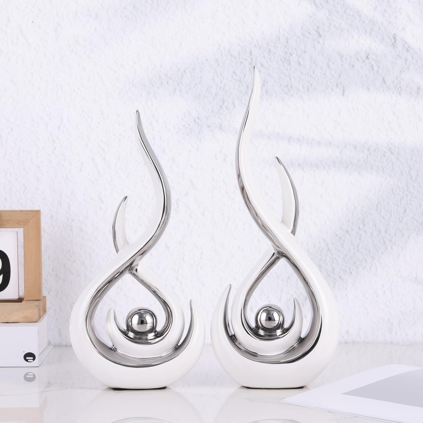 Ceramic Abstract 2 Piece Statue Set, White and Silver Home Decor Accents for Home Decor Statue Mantle Shelf Unique Decor, TV Cabinet Partition Table Top and Dining Table Centerpiece.
