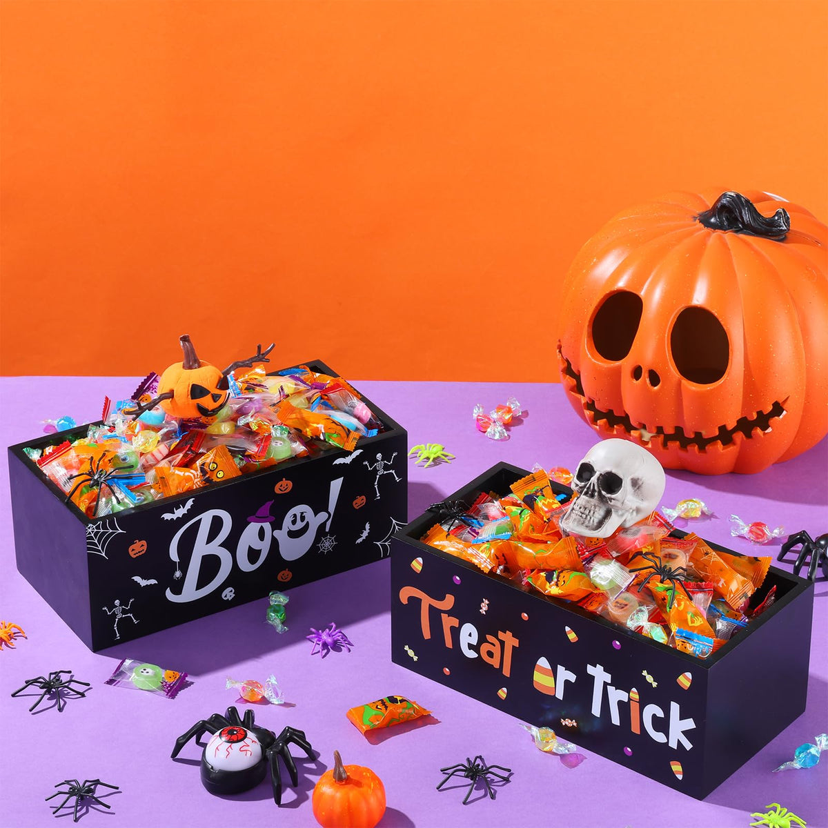 BOUTICOL 2 PCS Halloween Candy Bowl Dish Trick or Treat Wooden Candy Dish Holders Corn Spider Ghost Wood Candies Serving Bowl Tableware for Halloween Haunted House Corn Holiday Decor