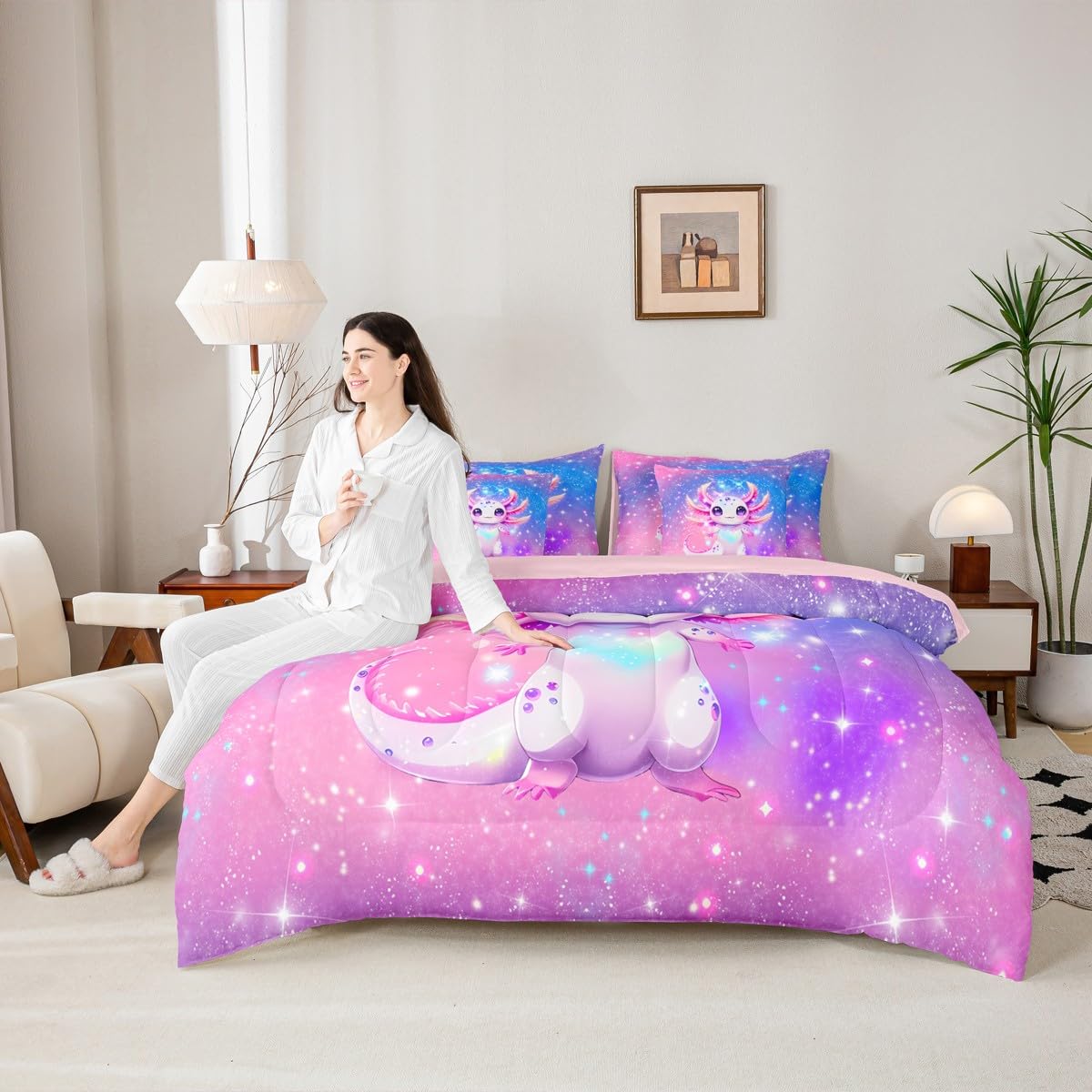 Erosebridal Kids Rainbow Axolotl Queen Comforter Set Teen Girl Cute Axolotl Bed in a Bag with Flat and Fitted Sheet Kawaii Coastal Ocean Animal 7-Piece Bedding Set Colorful Salamander Quilt Duvet Sets