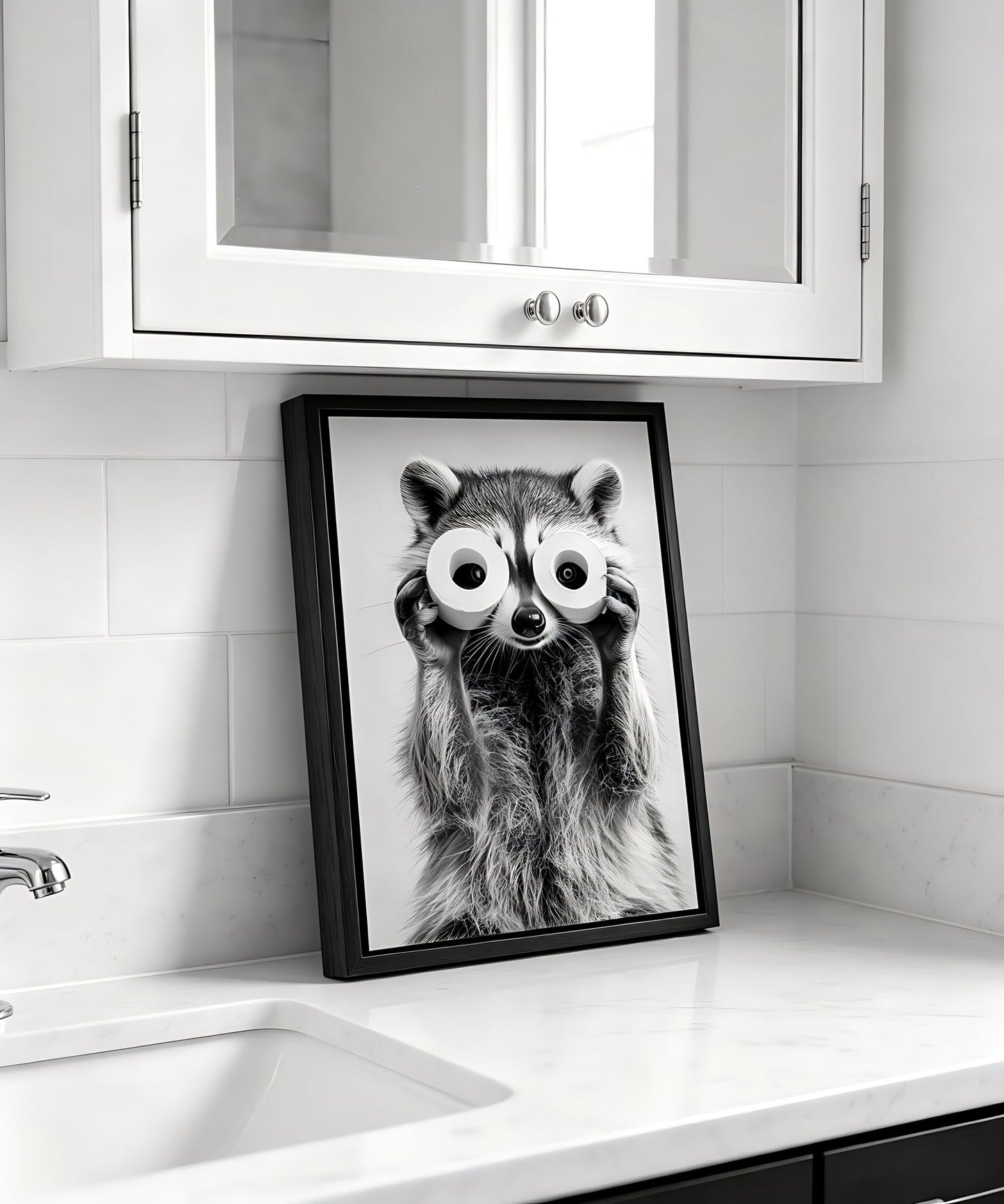 Framed Adorable Raccoon Bathroom Canvas Wall Art Toilet Paper Raccoon Wall Decor Pictures Funny Black and White Bathroom Animal Posters Prints for Restroom Home Decoration 8x10in