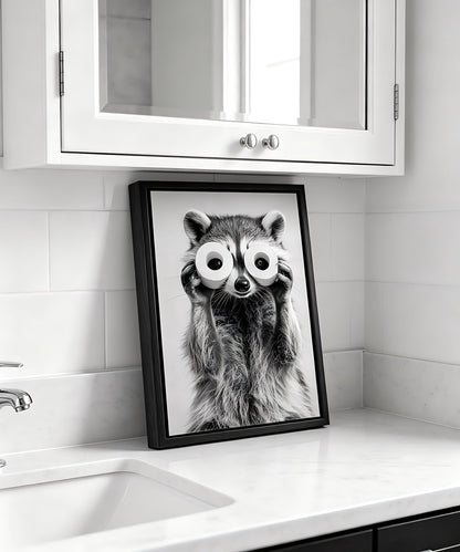 Framed Adorable Raccoon Bathroom Canvas Wall Art Toilet Paper Raccoon Wall Decor Pictures Funny Black and White Bathroom Animal Posters Prints for Restroom Home Decoration 8x10in