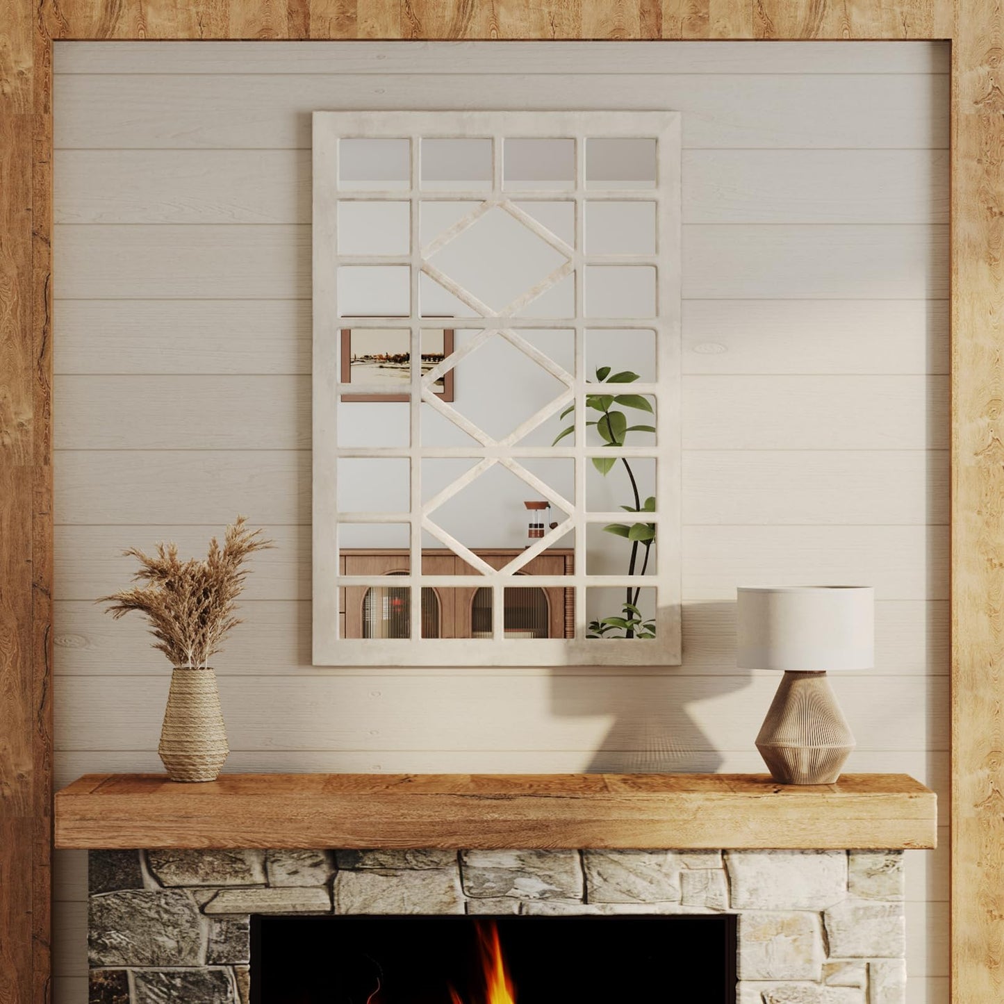 CozyDH Farmhouse Window Pane Mirror Decor - 24x36 inch Retro White Rectangle Wall Mirror Soli Wood Frame, Decorative Wooden Accent Mirror for Entryway, Fireplace, Living Room, Hallway, Dining Room