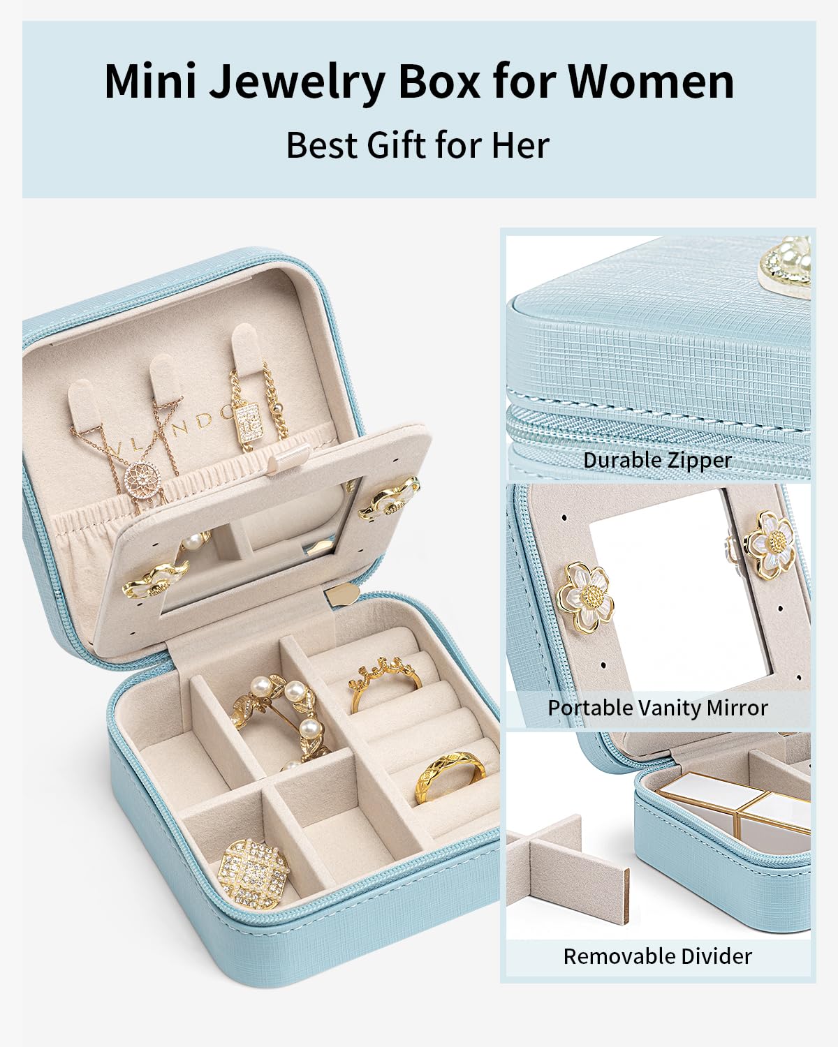 VLANDO Travel Jewelry Box for Girls Women, Initial Jewelry Organizer Box Travel Must Haves Jewelry Case for Girls, Travel Necklace Earrings Ring Box for Daughters, Valentines Gift - Letter S, Blue
