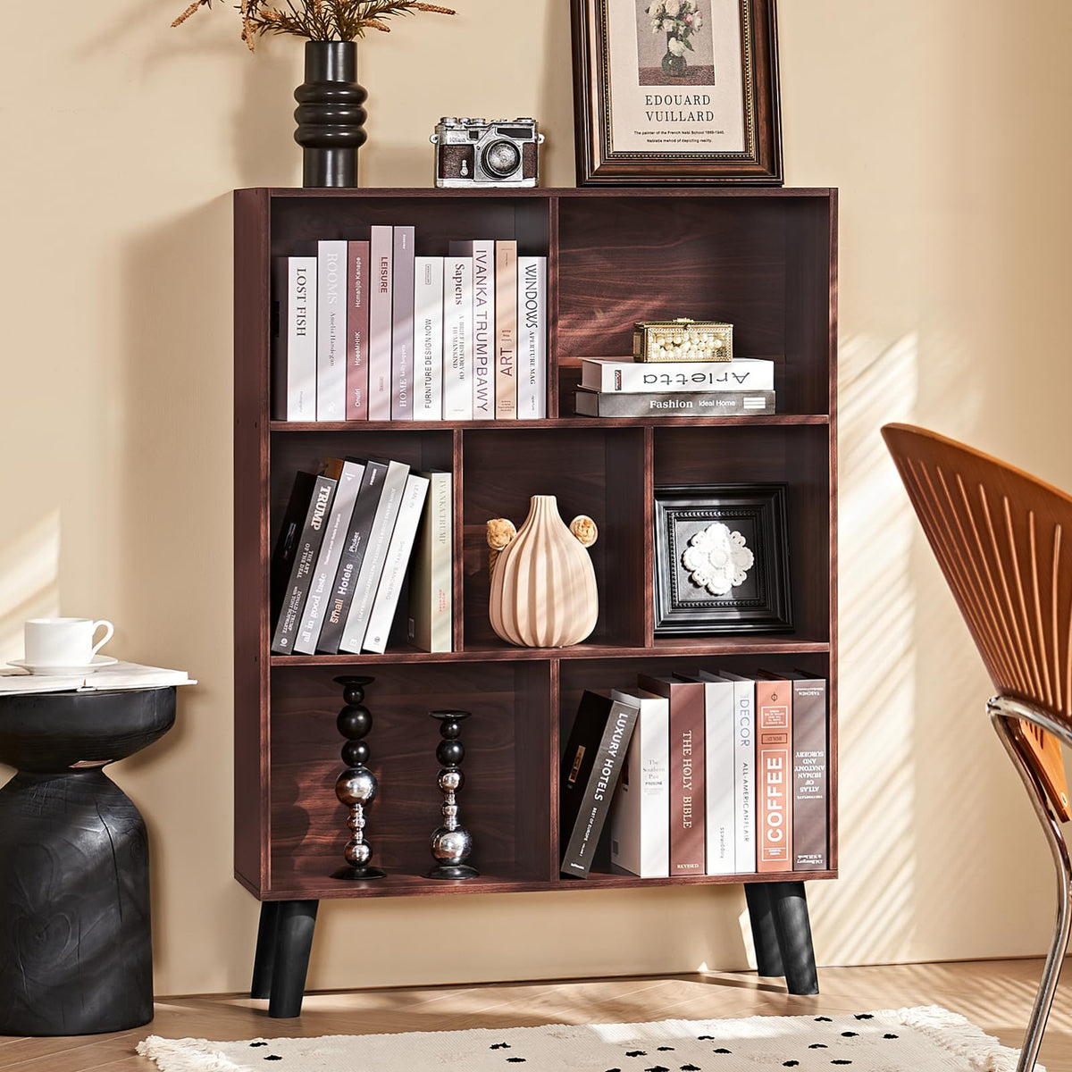 LEYAOYAO 7 Cube Bookshelf 3-Tier Bookcase with Legs, Mint-Walnut Kids Book Shelf Cute Storage Organizer, Toy Shelves Bookshelves,Wood Display Bookcases
