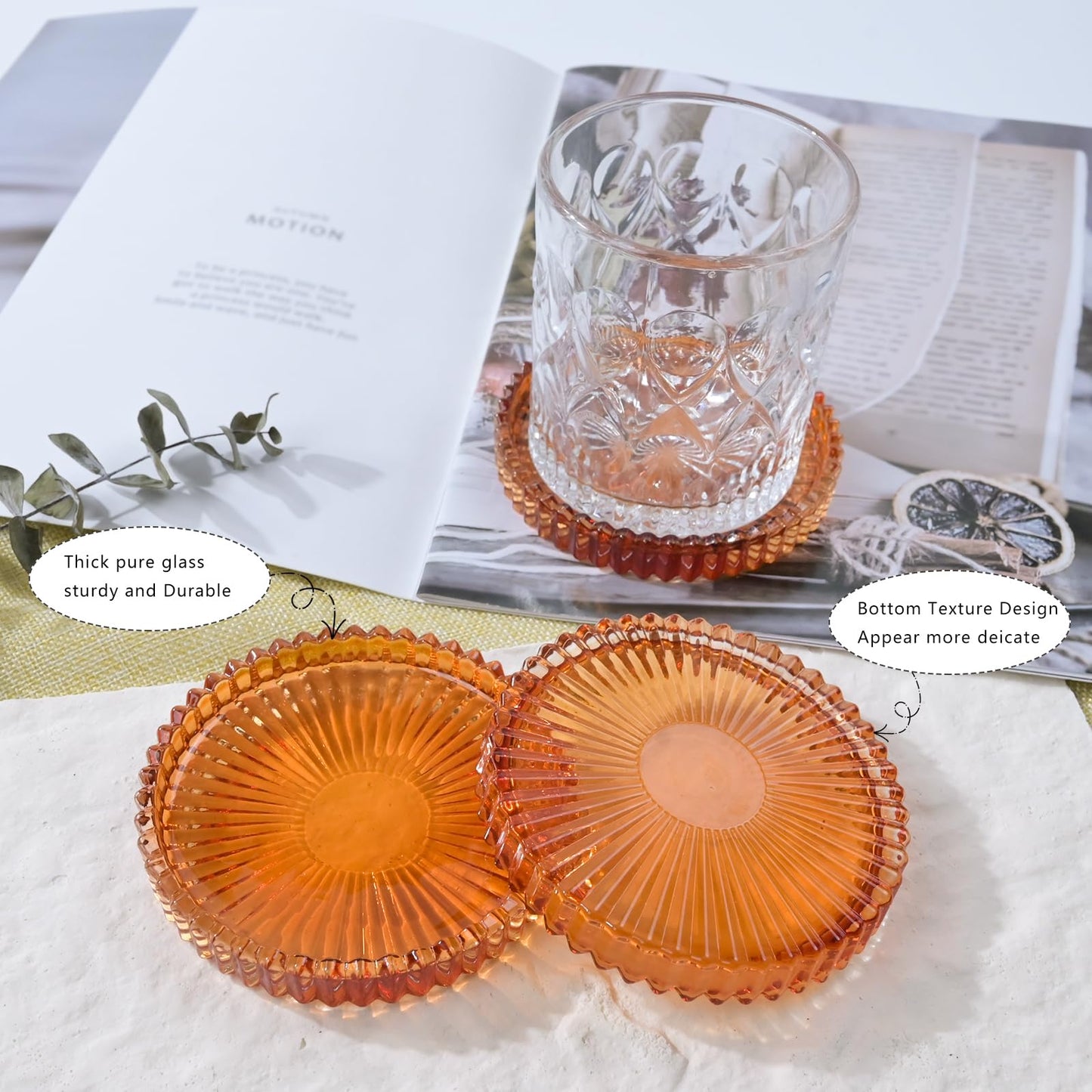 Jollyhilan Glass Coaster 6 Pack Round Cup Coasters for Drinks,Crystal Coffee Coaster,Stylish Drink Coasters for Kitchen Bar Dining Room Living Room Office Decor and Jewelry Storage,Amber