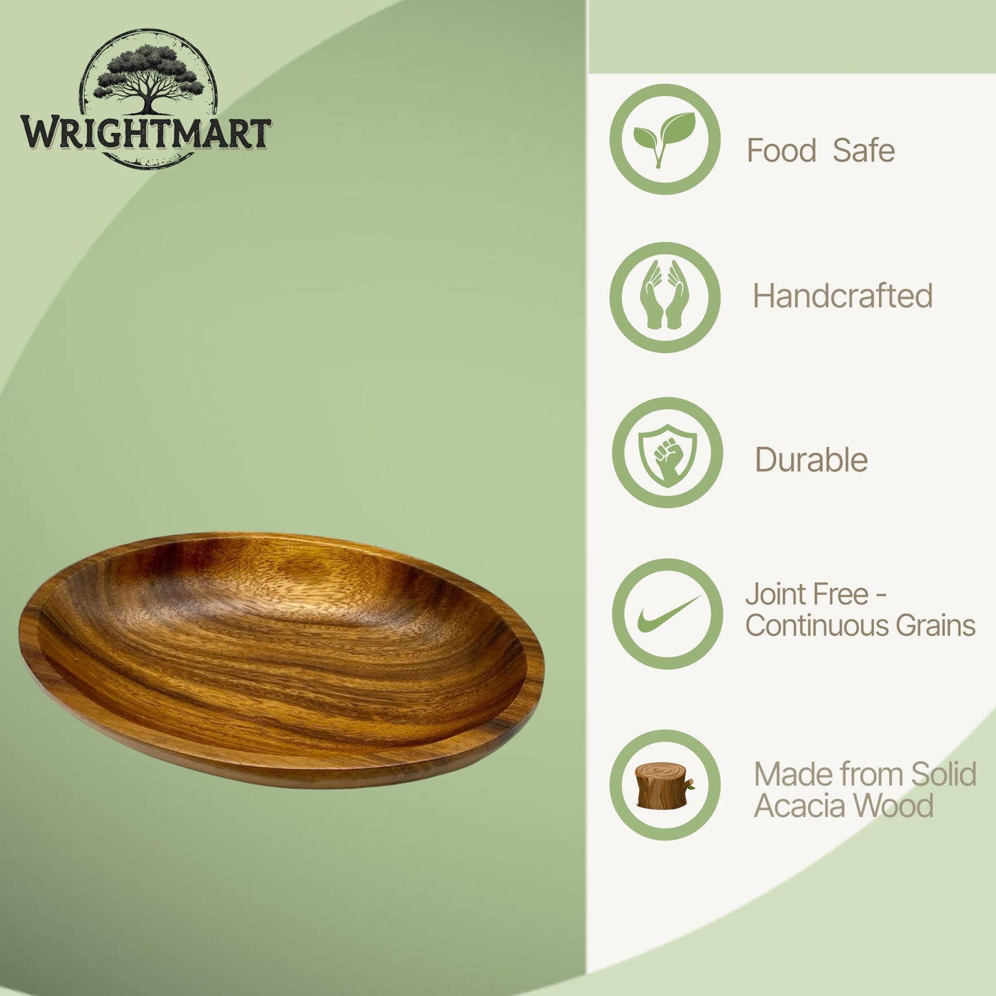 WRIGHTMART Acacia Wood Oval Bowl, Handmade, Rustic Server for Foods, Salads, Fruits, Bread - Dining Table & Kitchen Counter Décor - Entryway Key & Coin Catch-All Tray, 10.75" x 7" x 1.75"