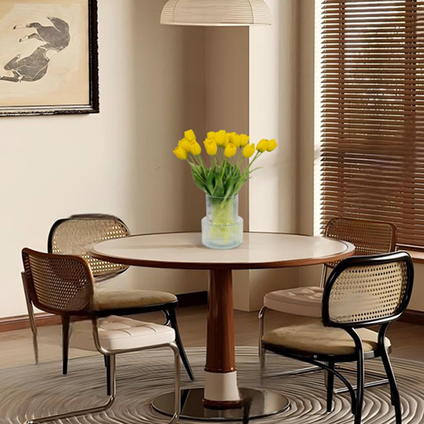 20 Pcs Real Touch Artificial Tulips with Vase, Large Faux Flower Arrangement in Heavy Fluted Glass, Bouquet for Dining Table Centerpiece, Home Office, Spring Decor, Set with Dust Bag (Yellow)