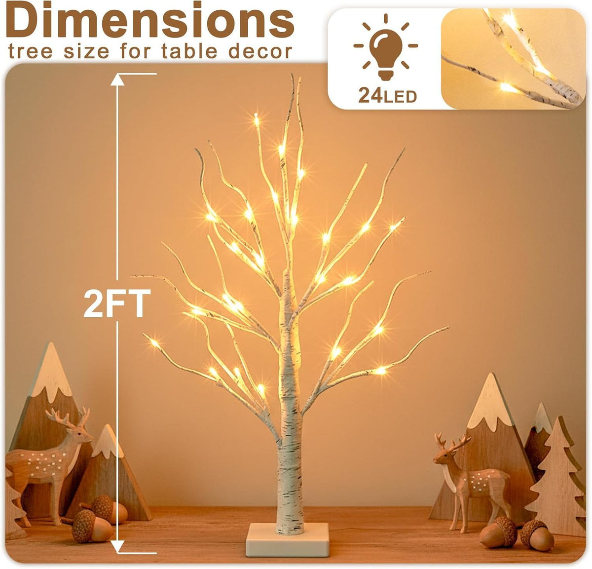 EAMBRITE Lighted Birch Tree Home Decor, Christmas Decorations Indoor 2Pack 24 LED Light Up Tabletop Mini Small Artificial White Trees Lamp with Lights Battery Operated/USB for Table Mantel (2FT)