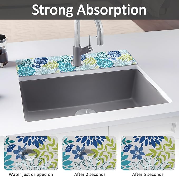 24" X 5.5" Kitchen Sink Splash Guard Faucet Mat Flora Super Absorbent Fast