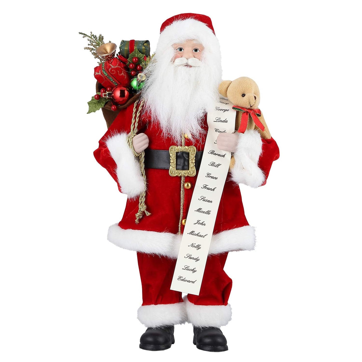AGM 18" Santa Claus, Christmas Figurine Figure Decor with Good and Bad List and Bear and Gifts Bag for Holiday Party Home Decoration