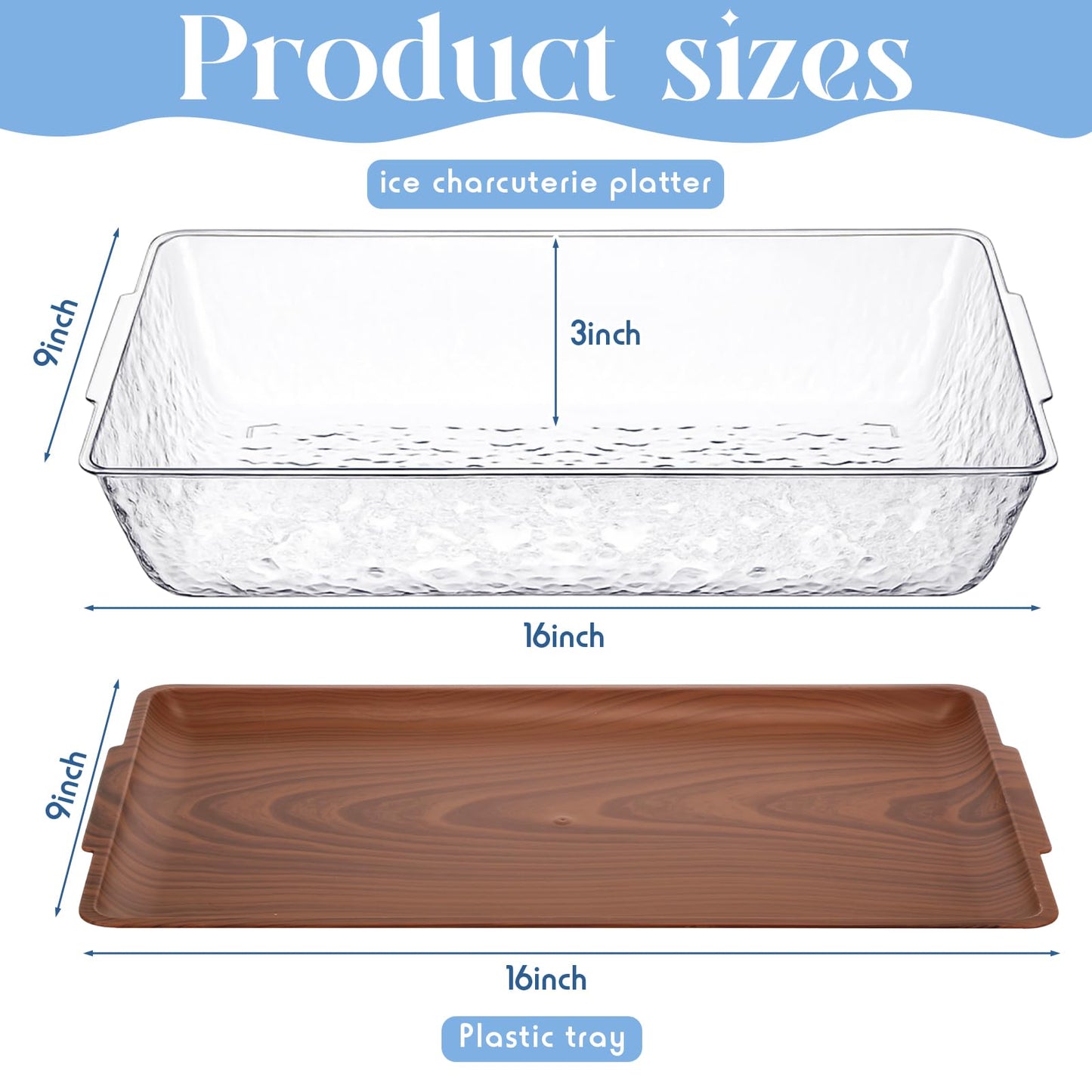 Baderke 2 Set 16" x 9" Plastic Chilled Serving Tray for Parties with Compartments Ice Chilled Party Platter Charcuterie Serving Board Cold Dish Dip for Fruit Seafood Vegetable Appetizer (Dark Wood)