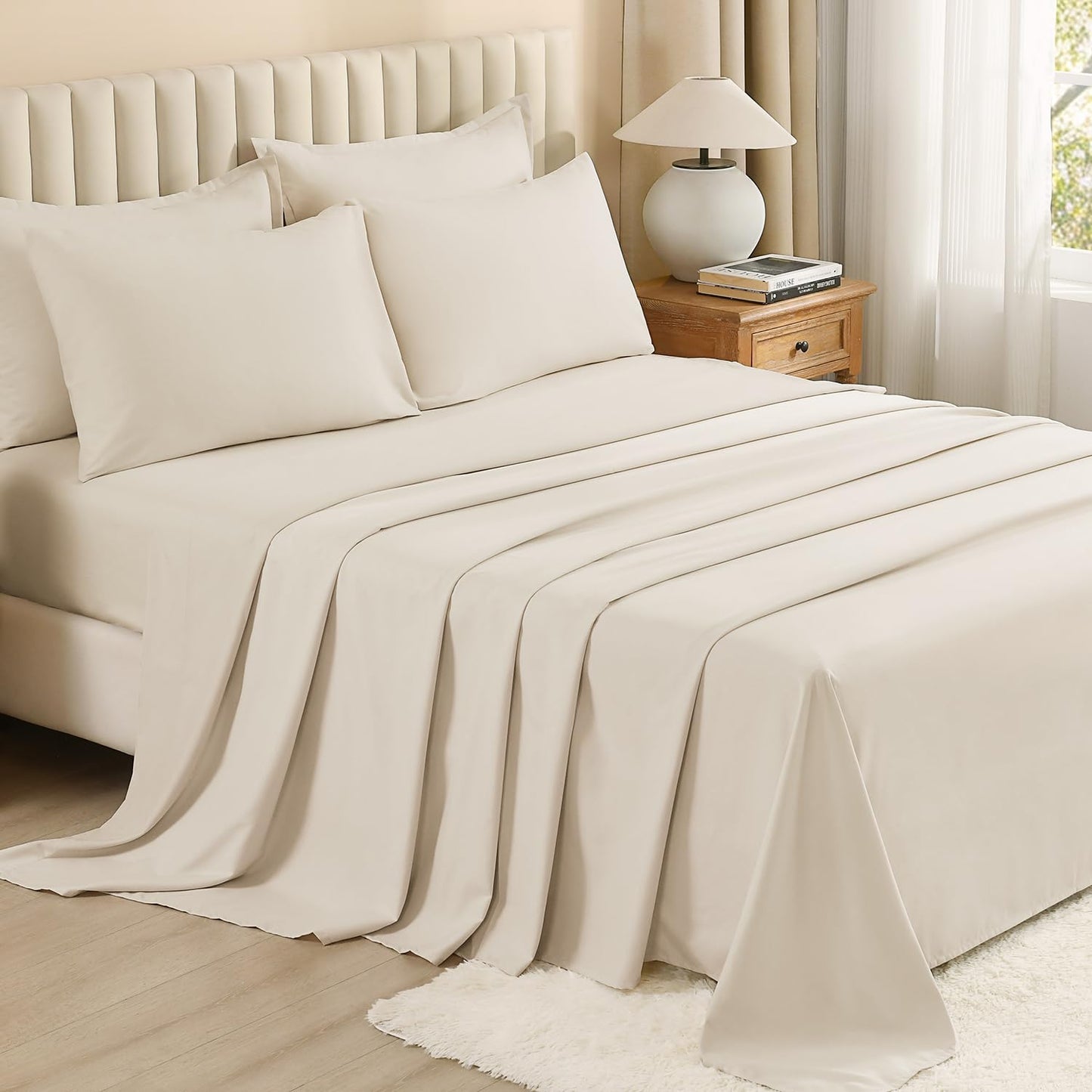 Litanika Bed in a Bag Queen Beige - 7 Pieces Queen Comforter Set Bedding Comforter Sets, Solid Fluffy Bed Set with Comforter, Sheets, Pillowcases & Shams