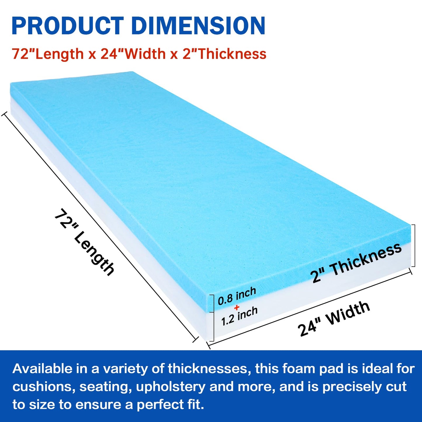 Tohetsuzp High Density Upholstery Foam Cushion - 2" Thick x 24" x 72", Gel Memory Foam Support Padding for Seat Cushion Replacement, DIY Projects, Sofa Mattress Support