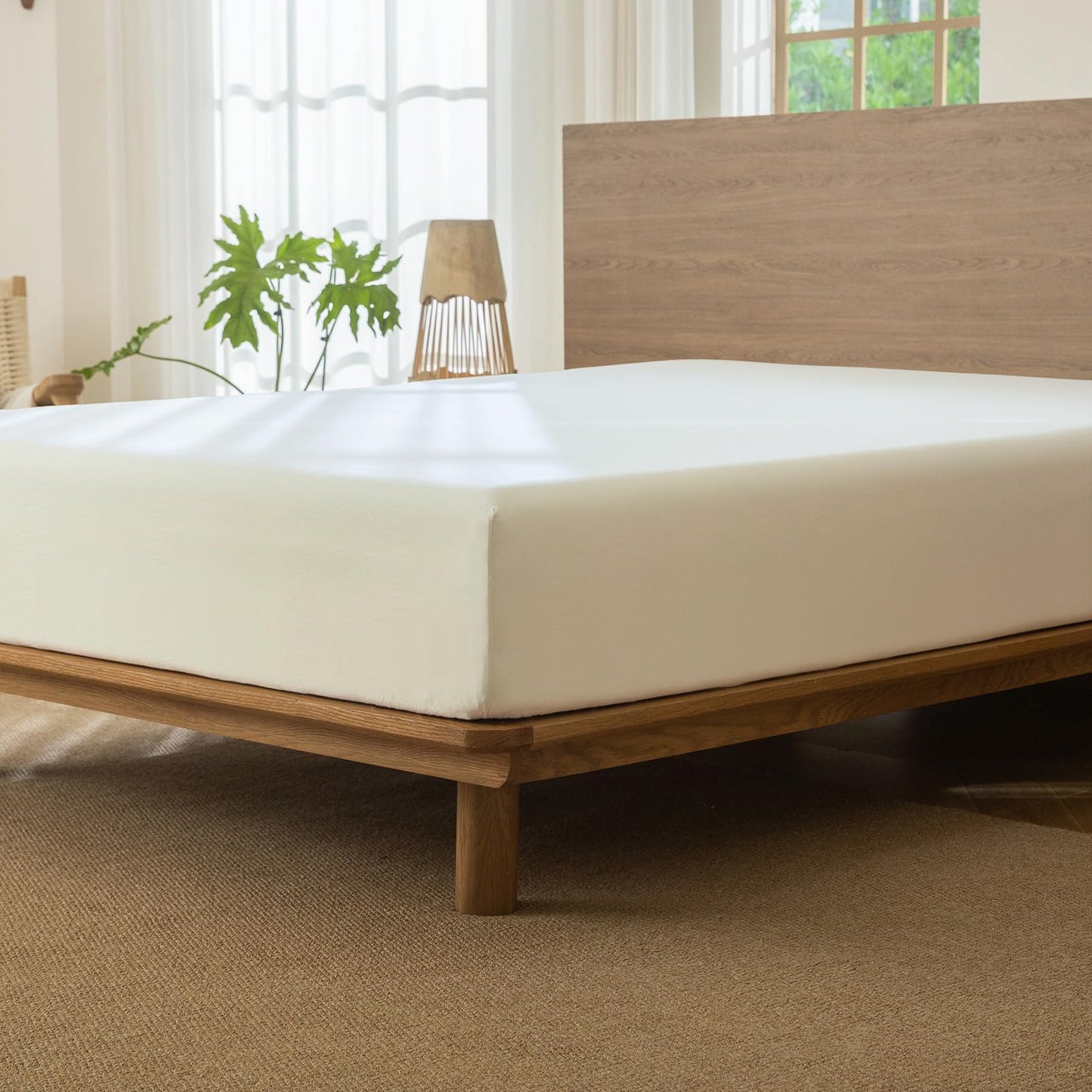 MooMee Fitted Bottom Sheet Only 100% Washed Cotton Linen Like Textured Breathable Durable Soft Comfy Deep Pocket Fits Mattress up to 17" (Cream White, Queen)