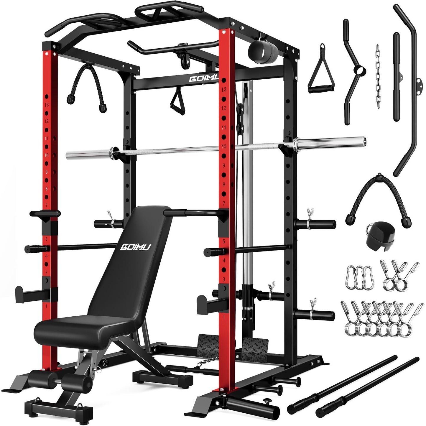 Goimu C1-V4 Power Cage, 2000LBS Squat Rack with LAT Pulldown, Multi-Function Weight Cage Strength Training Machine, Workout Cage with More Attachments for Home Gym Garage (RD Home Gym Package)