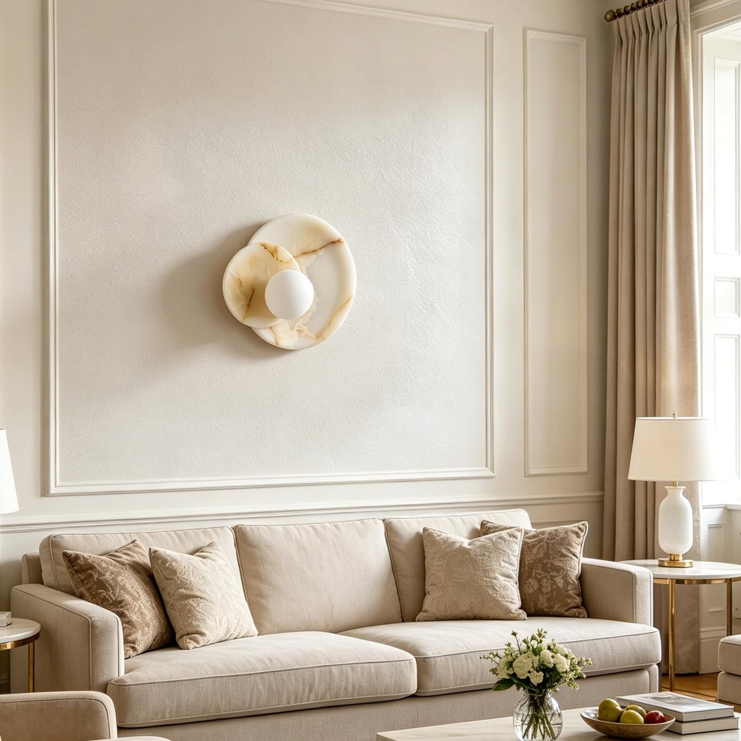 Opaline Cream Sculpture Wall Sconce, Natural Cream Onyx Wall Sconce, Wall Lights for Living Room, Bathroom, Bedroom, 6" Dia x 9.75" h