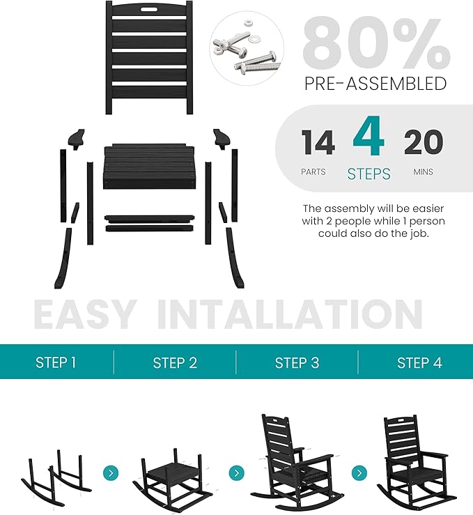 SERWALL Outdoor Rocking Chair Set of 2, Oversized Rocking Chair with Footboard for Adults, HDPE All Weather Resistant Rocking Chairs for Patio, 350lbs Weight Capacity, Black