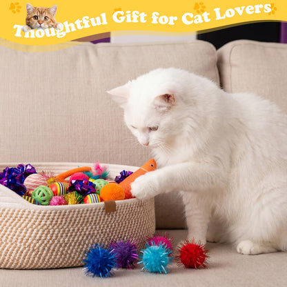 Leitee Mother's Day Cat Bed Storage Basket with 40 Pcs Cat Variety Toys Pack Set Includes Pillows, Spring Toy, Fish, Chew Rope and Balls for Kitten Kitty Swat Hunt Interactive Pet(White,Yellow)
