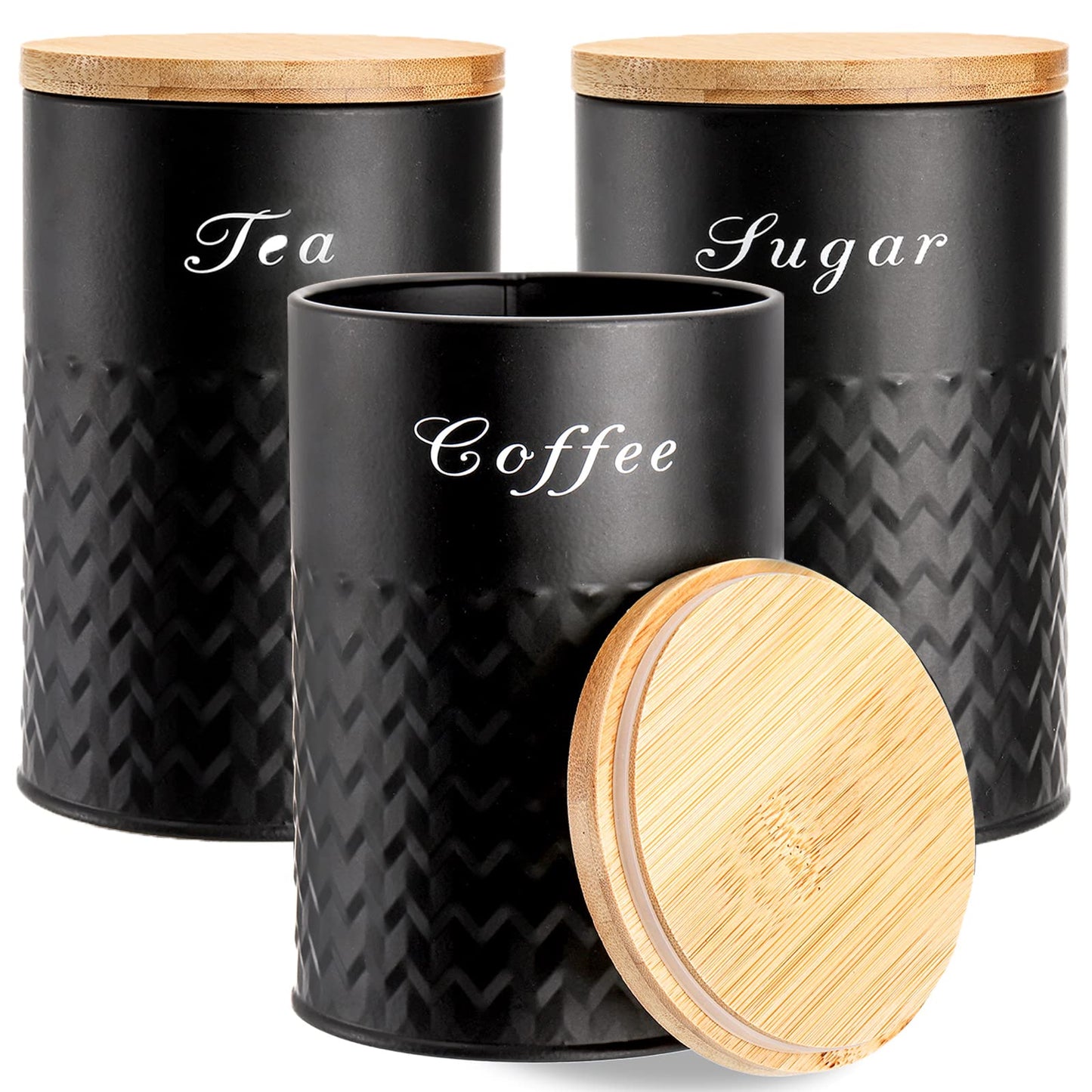 Bekith 3 Pack Kitchen Canisters with Bamboo Lids, Airtight Metal Canister Set, Food Storage Containers Jars for Coffee, Sugar, Tea, Flour, Rustic Kitchen Decor Containers, Black