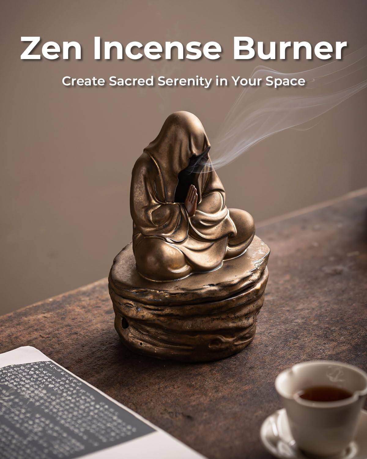 TEAVOR Ceramic Incense Burner for Cone & Coil – Faceless Buddha Statue for Protection, Evil Spirit Cleansing & Zen Meditation, Home Decor to Ward Off Negativity
