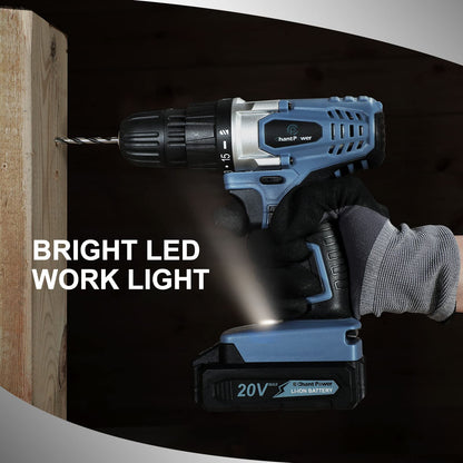 C P CHANTPOWER Cordless Drill Set, 20V Electric Power Drill Driver with Battery and Charger, 10mm Keyless Chuck, Variable Speed, 16 Position and 22pcs Accessoris