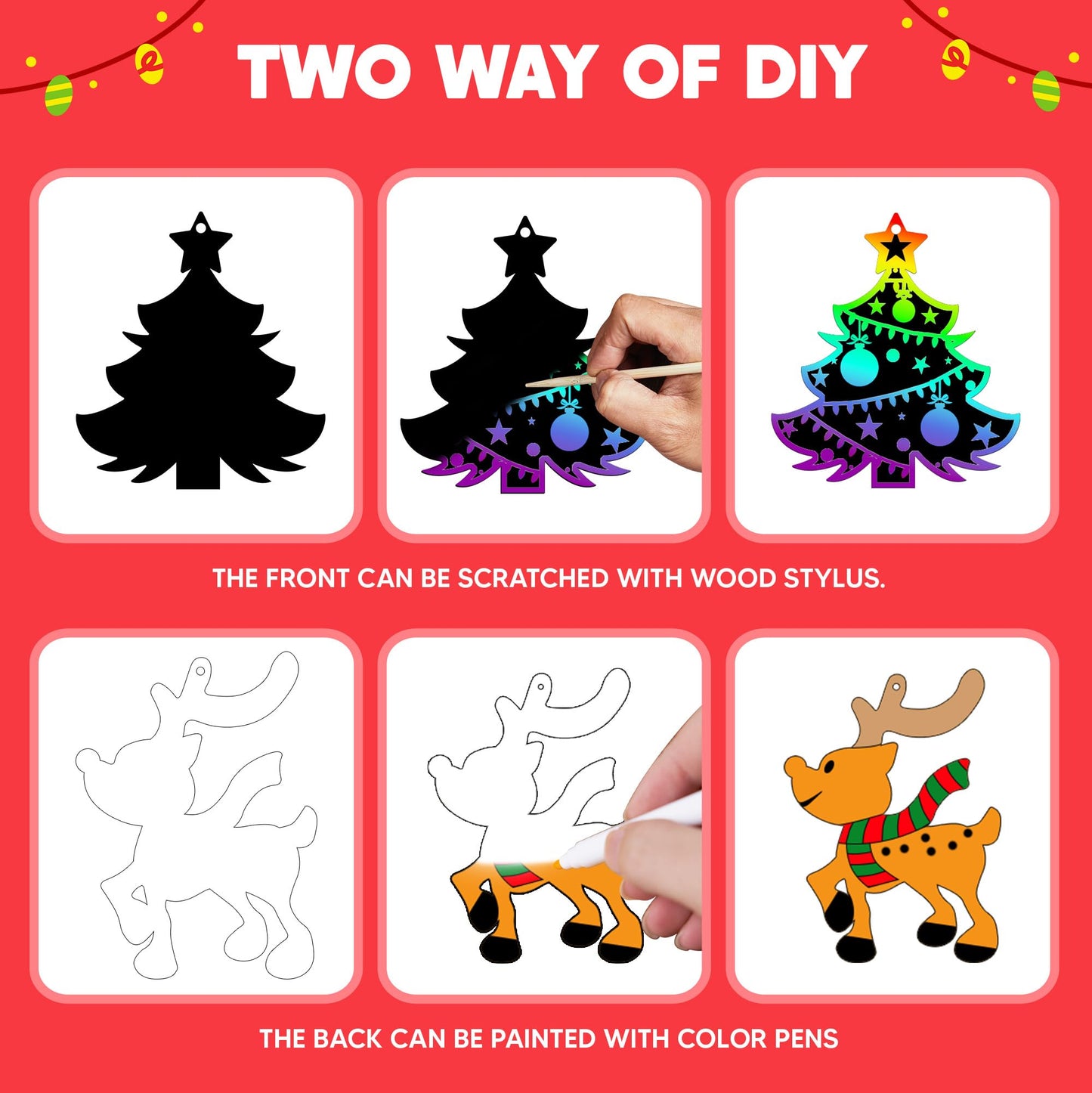 JOYIN 48 Pcs Christmas Scratch Art Ornaments, Rainbow Color Scratch Paper in Front Side & Coloring Card in Back Side, Scratch Off Kids Party Favors Supplies, Holiday DIY Art Craft Kit Activities Gifts