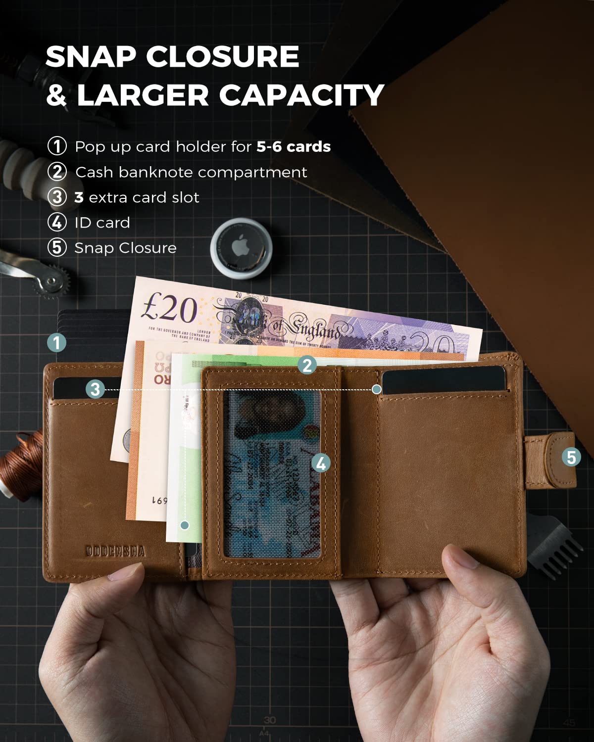 DODENSHA AirTag Wallet, RFID Blocking Genuine Leather Pop Up Credit Card Holder Wallet with Coin Pocket, ID Window, Banknote Compartment & Snap Closure