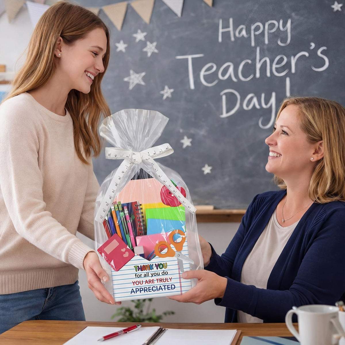 Eaasty 12 Pack Teacher Appreciation Gifts Bulk, Thank You Teacher Gift Boxes with Ribbon Cards, Foldable Pencil Design Paper Basket for End of Year Party Decorations