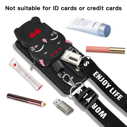 SGVAHY for Samsung Galaxy S25 Plus Case, Cute Black Lucky Cat Coin Purse Fancy Phone Case for Women Girls with Crossbody Strap Kawaii Soft Silicone Cover for Galaxy S25 Plus