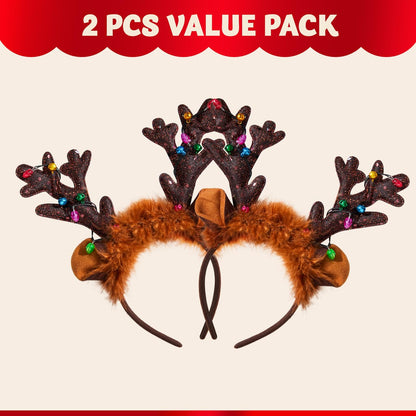 JOYIN Christmas 2PCS Reindeer Headband, Light-Up LED Antlers Reindeer Hat Holiday Headbands for Christmas Party Supplies and Holiday Parties Favors (ONE SIZE FITS ALL)