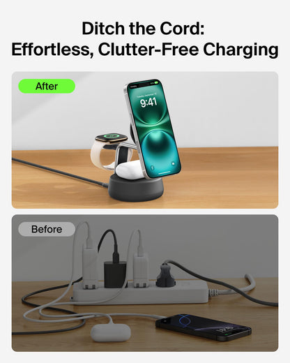 Belkin MagSafe Charger Compatible, 3-in-1 Charging Station, Qi2.2 25W w/Cooling Fan (On/Off Control) Magnetic Wireless Charger for iPhone 17, Apple Watch, AirPods, Pixel 10 (45W Adapter Included)