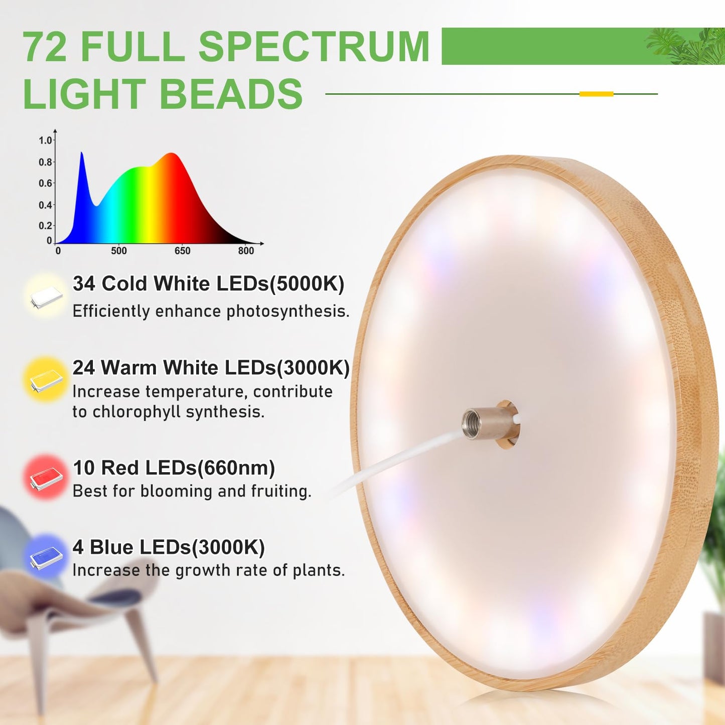 LORDEM Bamboo Grow Light, Full Spectrum LED Plant Grow Light, Height Adjustable Growing Lamp with Auto Timer 4H/8H/12H, 4 Dimmable Levels, Ideal for Large Tall Plants
