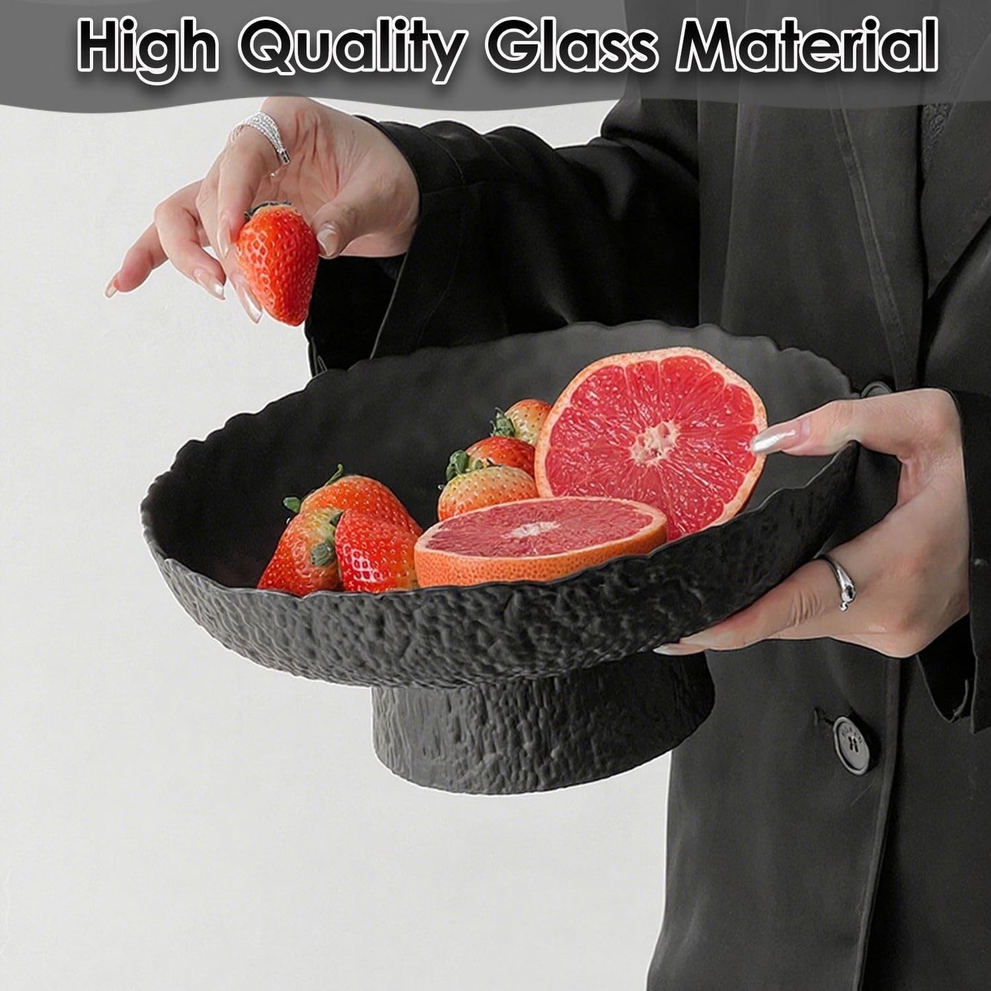 BZCWHWY Glass Fruit Bowl for Kitchen Counter, Black Pedestal Bowl, Large Footed Serving Bowl, Decorative Bowls for Centerpiece Home Decor, Modern Fruit Holder (Large 10.4 Inch)
