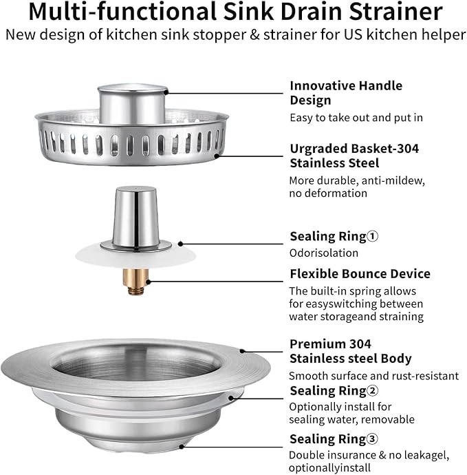 3-in-1 Kitchen Sink Drain Strainer & Sink Stopper 2 Pack : 304 Stainless Steel