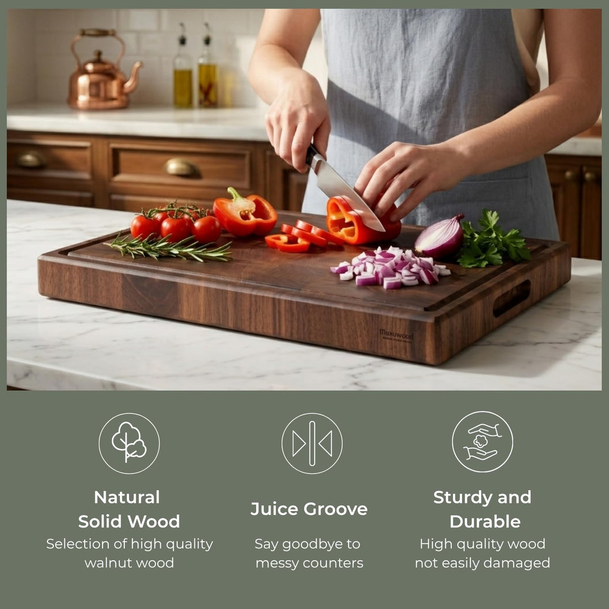 muso wood End Grain Cutting Board, Black Walnut Wood, 2" Thick Dual-Sided Wooden Chopping Board with Juice Groove & Handle - Idea for meat cutting, vegetable dicing, and fruit processing, 16 x 12 inch