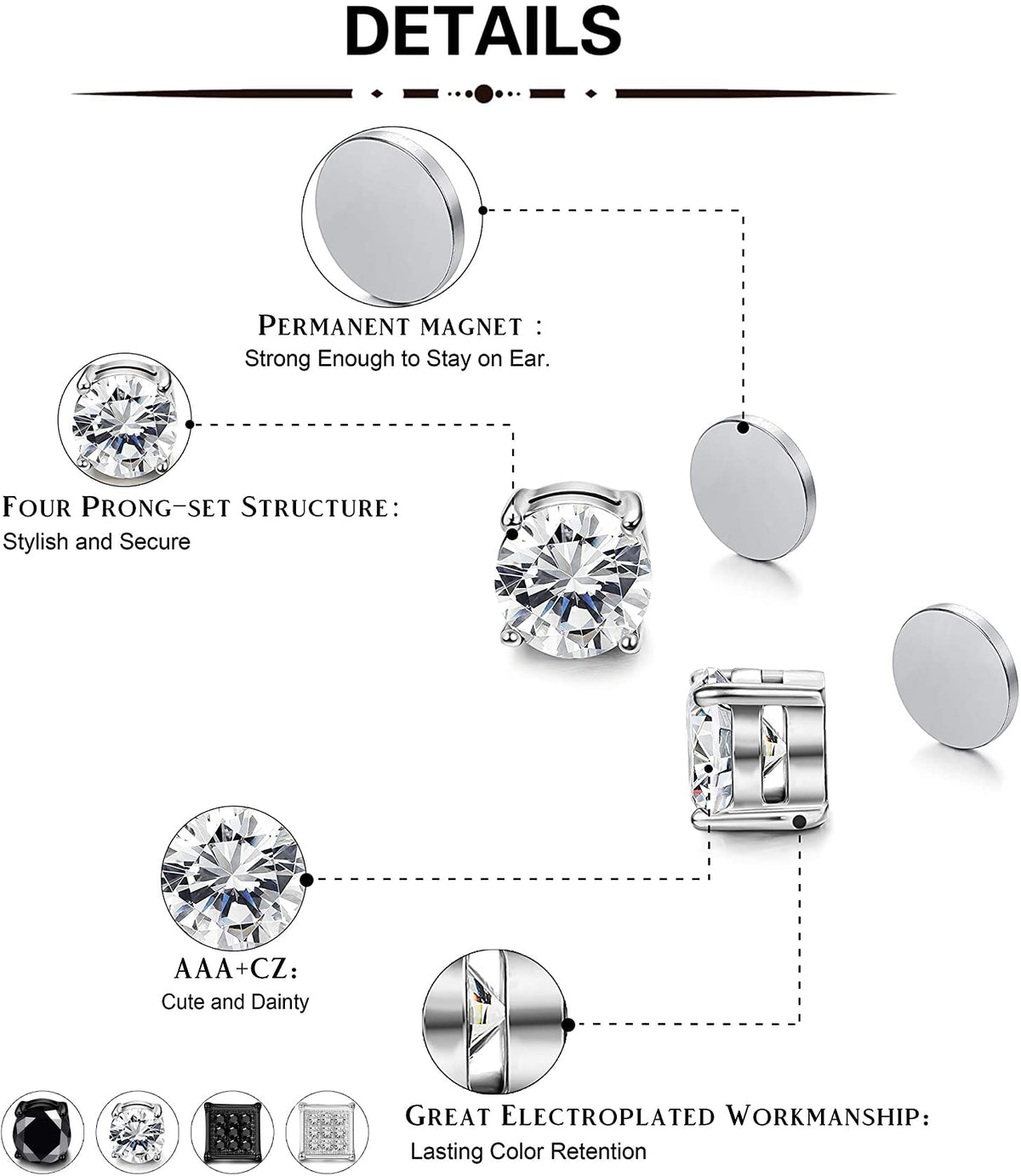 SIISPRI 4 Pairs Stainless Steel Magnetic Stud Earrings for Men Women Non Piercing Clip on CZ Earrings 6MM (4 Pairs a Set,6MMBlack + Silver) (black + silver)