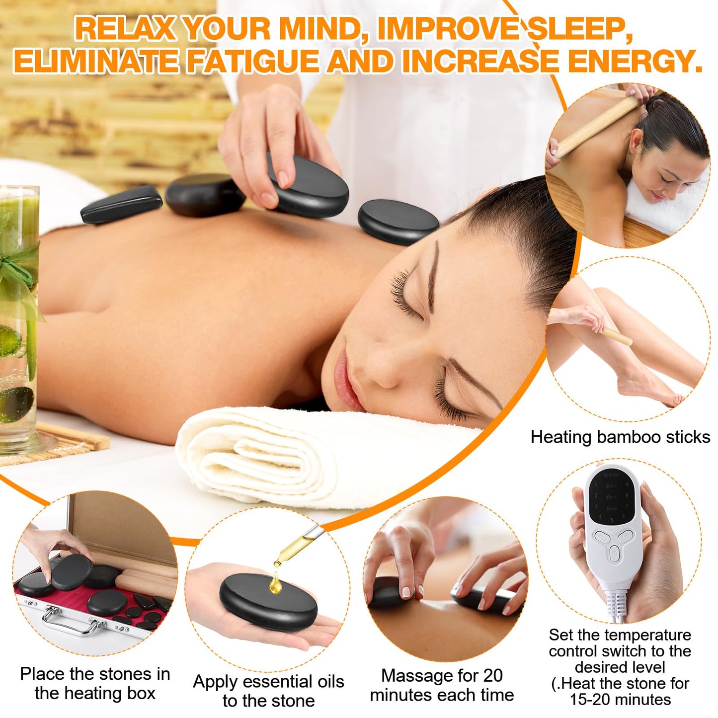 Yunsailing Hot Stones Massage Set with Warmer Kit Hot Rocks Massage Heater Kit with Adjustable Temperature Basalt for Home Spa, Pain Relief, and Relaxation (11 Stones and 3 Sticks)