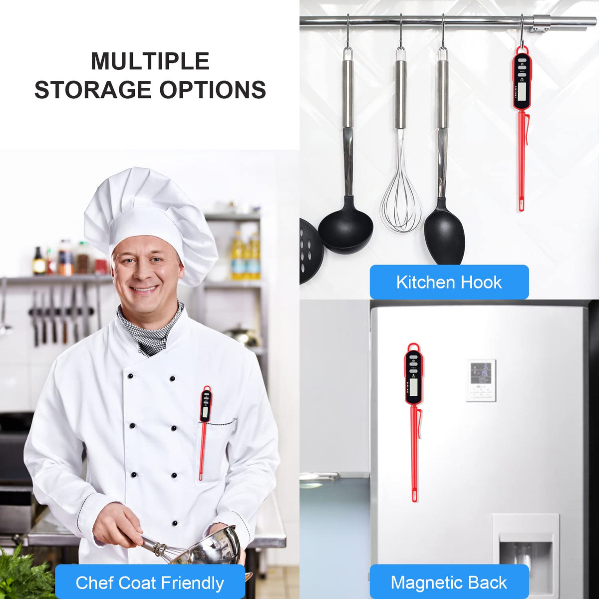 Lonicera Digital Cooking Thermometer for Bread Baking, Food and Water Temperature Measurement. Waterproof and Long Stem with Meat Temp Guide, Display with Backlit (Red)