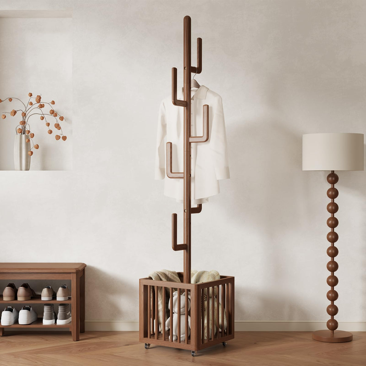 YQJJGL Solid Wood Cactus Coat Rack, Freestanding Coat Rack with 6 L-Shaped Hooks and Storage Basket, for Coats, Hats, Handbags, Coat Tree for Entryway, Bedroom, Living Room, Walnut
