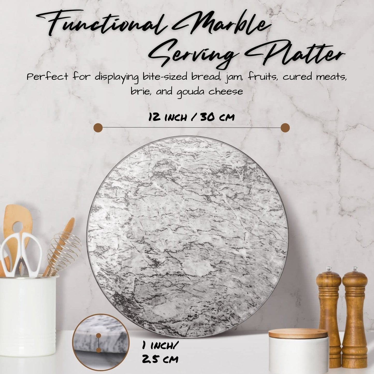 Flexzion Round Marble Cutting Board for Kitchen - 12 Inch Marble Cheese Board Slab for Baking, Charcuterie, Pastry - Non-Stick Heat Resistant Stone Serving Board for Countertop, White